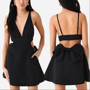 LoveShackFancy Till Plunging V-neck Little Black dress sleeveless Bow detail- 4